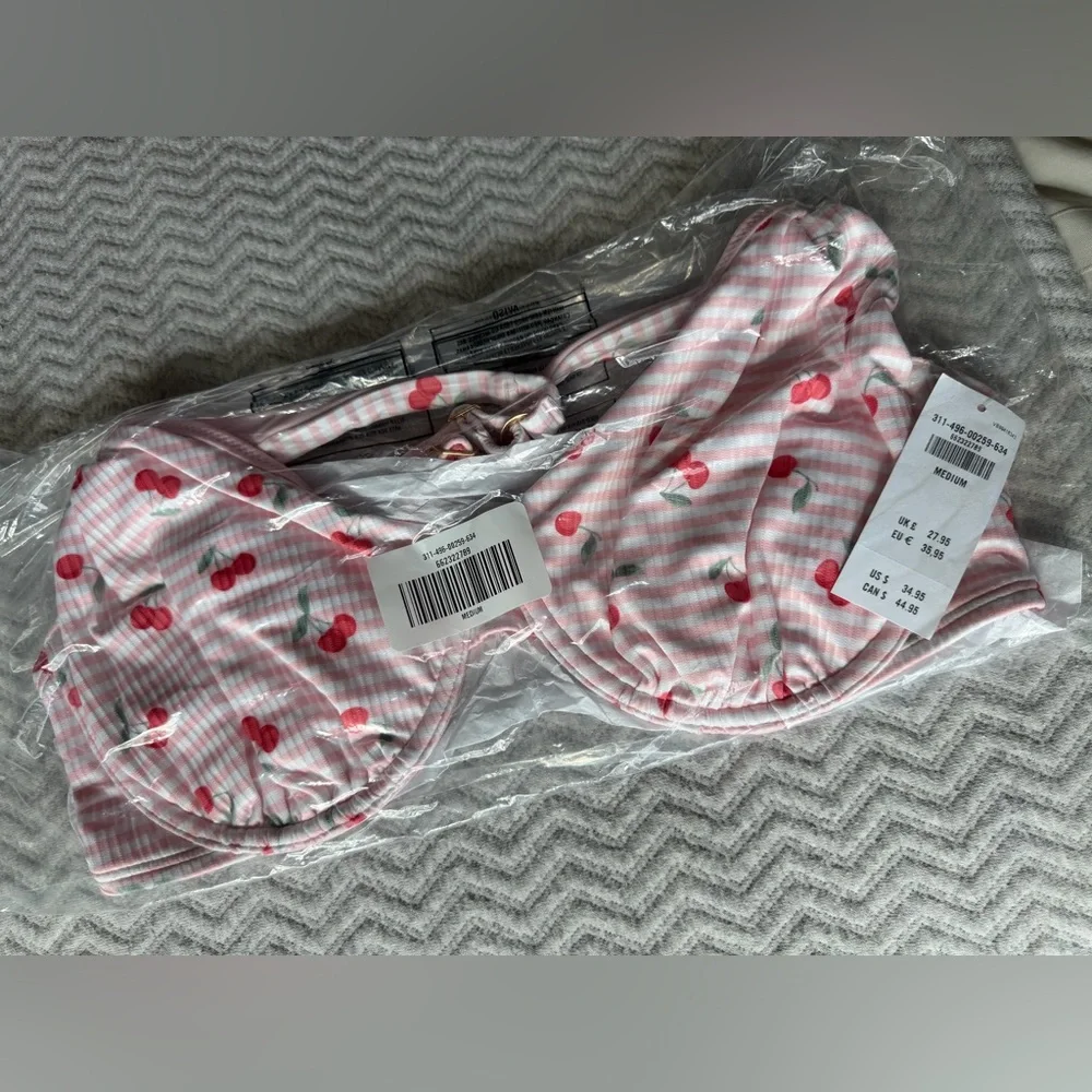 Hollister Pink White Striped Cherry Print Bikini Set